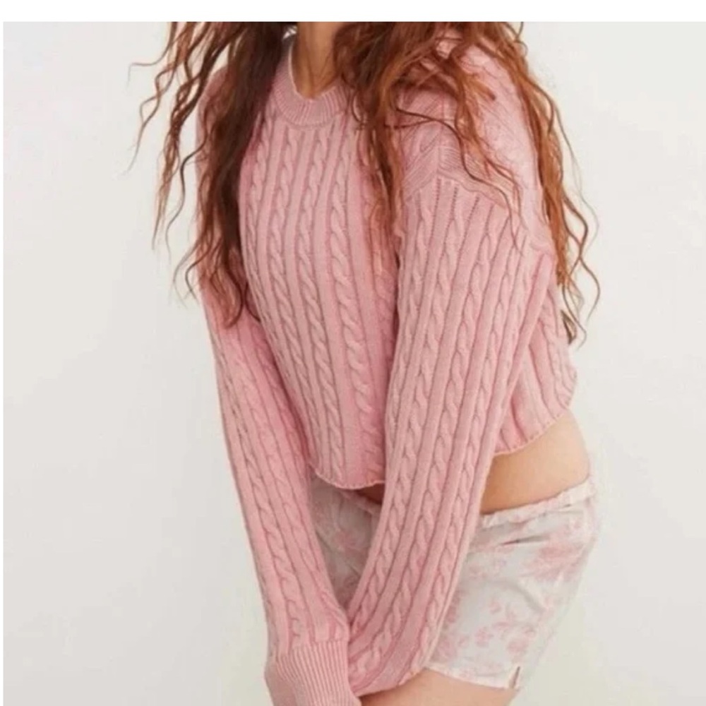 Aerie Cropped Cable Knit Sweater in Blush